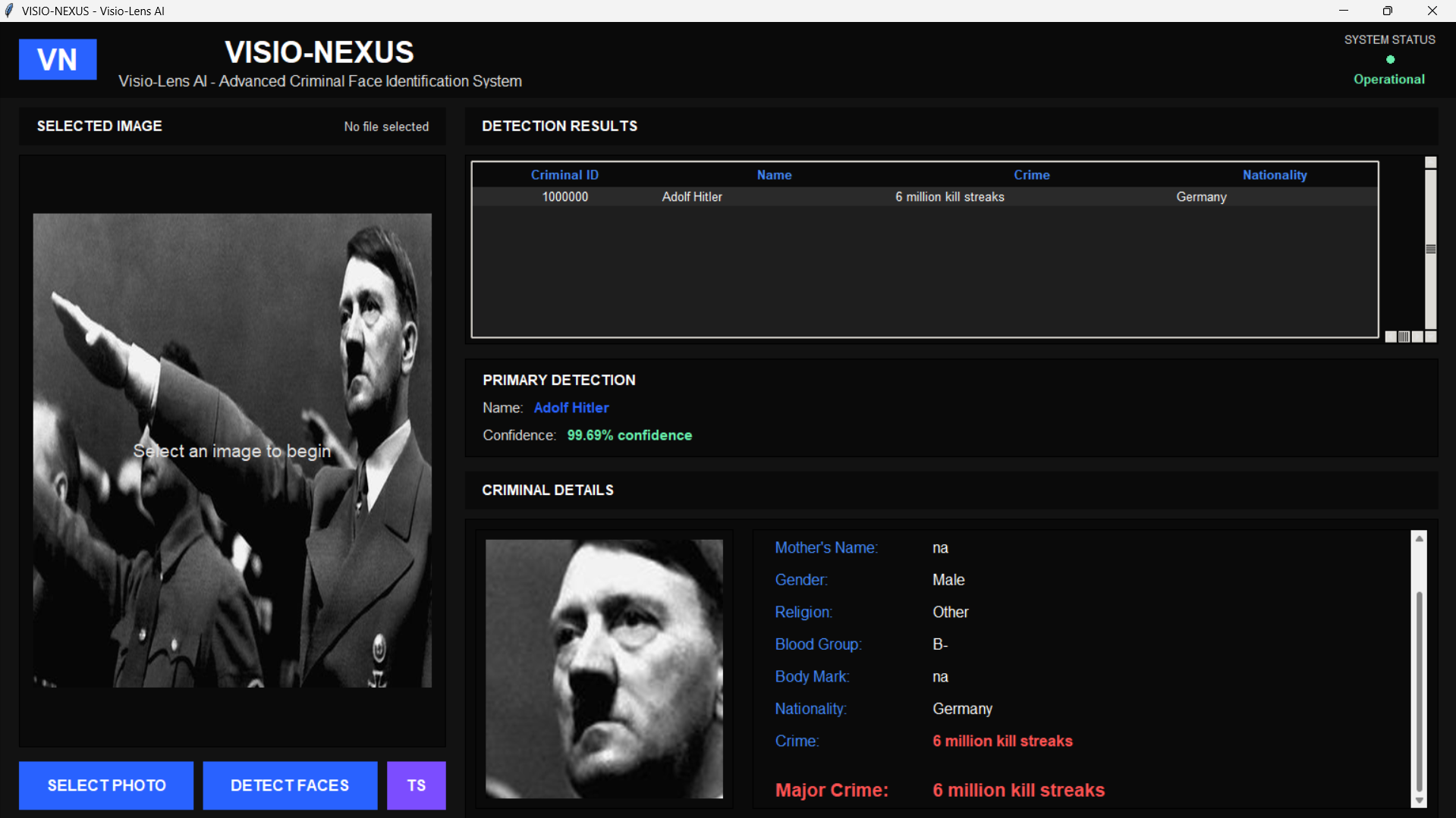 Screenshot of Visio-Lens Module showing advanced criminal face identification. This feature enhances the system's ability to identify subjects.